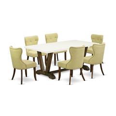 East West Furniture V727SI737-7 7-Piece Dining Room Set- 6 Kitchen Chairs with Limelight Linen Fabric Seat and Button Tufted Chair Back - Rectangular Table Top & Wooden Legs - Linen White and Distress