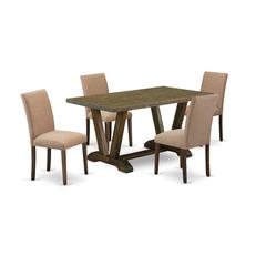 East West Furniture 5-Piece Modern Dining Table Set-A Mid Century Dining Table and 4Linen FabricModern Chairs with High Back - Distressed Jacobean Finish