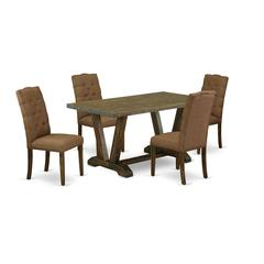 East West Furniture 5-Pc rectangular Dinette Set Included 4 kitchen parson chairs Upholstered Seat and High Button Tufted Chair Back and rectangular dining Table with Distressed Jacobean Dining Table