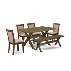 V776MZ716-6 6 Piece Dining Table Set- A Dining Table in Trestle Base with Bench and 4 Parsons Chairs - Distressed Jacobean Finish