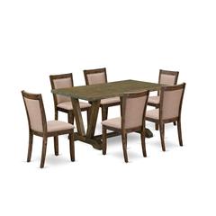 V776MZ716-7 7 Pc Modern Dining Set - A Kitchen Table with Trestle Base and 6 Chairs For Dining Room - Distressed Jacobean Finish
