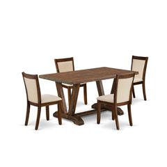 East West Furniture 5-Pieces Dinette Set - 1 Dining Room Table with Trestle Base and 4 Light Beige Fabric Kitchen Chairs with Stylish Back (Distressed Jacobean Finish)