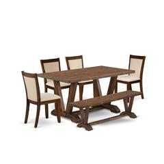 East West Furniture 6-Pc Small Dining Set - 1 Beautiful Modern Dining Table, A Dining Bench and 4 Light Beige Fabric Wood Dining Chairs with Stylish Back (Distressed Jacobean Finish)