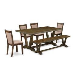 East West Furniture 6 Piece Dining Table Set- A Distressed Jacobean Top Kitchen Table in Trestle Base with Bench and 4 Dark Khaki Linen Fabric Dining Chairs - Distressed Jacobean Finish