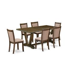 East West Furniture 7 Piece Modern Kitchen Table Set - A Distressed Jacobean Top Wooden Table with Trestle Base and 6 Dark Khaki Linen Fabric dining chairs - Distressed Jacobean Finish