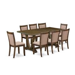 East West Furniture 9 Piece Dinette Set - A Distressed Jacobean Top Dining Table with Trestle Base and 8 Dark Khaki Linen Fabric Upholstered Dining Chairs - Distressed Jacobean Finish