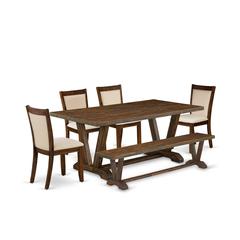 East West Furniture 6-Piece Modern Dining Set Consists of a Rectangular Table and a Small Bench with 4 Light Beige Linen Fabric Dining Chairs with Stylish Back - Distressed Jacobean Finish