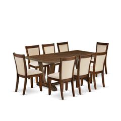 East West Furniture 9-Piece Dining Room Set Includes a Dinner Table and 8 Light Beige Linen Fabric Upholstered Chairs with Stylish Back - Distressed Jacobean Finish