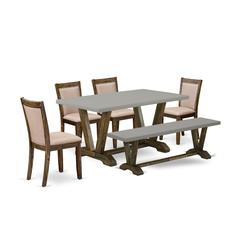 East West Furniture 6 Piece Dining Set- A Cement Top Mid Century Dining Table in Trestle Base with Dining Bench and 4 Dark Khaki Linen Fabric Kitchen Chairs - Distressed Jacobean Finish
