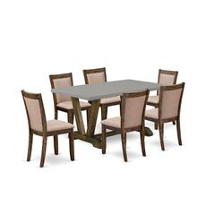 East West Furniture 7 Piece Modern Dinette Set - A Cement Top Wooden Dining Table with Trestle Base and 6 Dark Khaki Linen Fabric Kitchen Chairs - Distressed Jacobean Finish