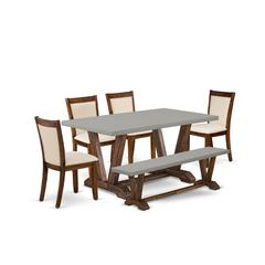 East West Furniture 6-Piece Dining Room Set Contains a Dinning Table and a Wooden Bench with 4 Light Beige Linen Fabric Parson Dining Chairs with Stylish Back - Distressed Jacobean Finish