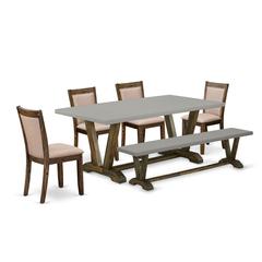 East West Furniture 6 Piece Dinning Set- A Cement Top Kitchen Table in Trestle Base with Wooden Bench and 4 Dark Khaki Linen Fabrics Dining Room Chairs- Distressed Jacobean Finish
