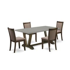 East West Furniture 5 Piece Innovative Dining Room Table Set - A Cement Top Wooden Dining Table with Trestle Base and 4 Coffee Linen Fabric Padded Chairs - Distressed Jacobean Finish