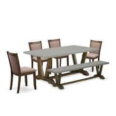 East West Furniture 6 Piece Kitchen Table Set- A Cement Top Wood Table in Trestle Base with Wood Bench and 4 Coffee Linen Fabrics Modern Chairs - Distressed Jacobean Finish