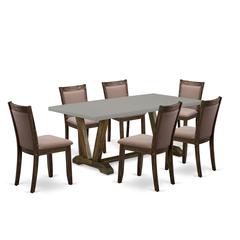 East West Furniture 7 Piece Innovative Kitchen Table Set - A Cement Top Dining Table with Trestle Base and 6 Coffee Linen Fabric Modern Dining Chairs - Distressed Jacobean Finish