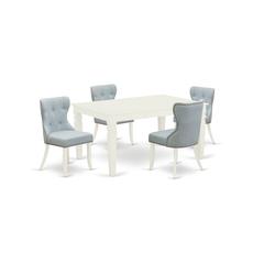 East-West Furniture WESI5-WHI-15 - A dining room table set of 4 fantastic parson chairs with Linen Fabric Baby Blue color and a beautiful midcentury dining table with Linen White color