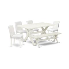 East West Furniture X026AB264-6 6-Piece Stylish Dining Set a Superb Linen White Wood Table Top and Linen White Small Bench and 4 Lovely Solid Wood Legs and Pu Leather Seat Parson Chairs with Stylish C