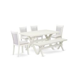 X026MZ001-6 6-Pc Dining Table Set Contains a Dinner Table - 4 Cream Dining Chairs and a Bench - Wire Brushed Linen White Finish