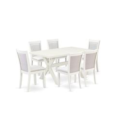 X026MZ001-7 7-Piece Dining Set Contains a Dining Table and 6 Cream Upholstered Dining Chairs - Wire Brushed Linen White Finish