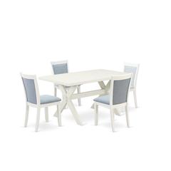 X026MZ015-5 5-Piece Dining Room Table Set Contains a Dining Table and 4 Baby Blue Padded Chairs - Wire Brushed Linen White Finish