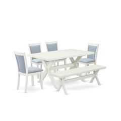 X026MZ015-6 6-Pc Dining Set Contains a Wood Table - 4 Baby Blue Dining Chairs and a Small Bench - Wire Brushed Linen White Finish