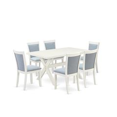 X026MZ015-7 7-Piece Dining Table Set Contains a Wooden Table and 6 Baby Blue Dining Room Chairs - Wire Brushed Linen White Finish