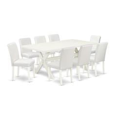 East West Furniture X027AB264-9 9-Piece Gorgeous Dining Set an Outstanding Linen White Rectangular Dining Table Top and 8 Awesome Pu Leather Dining Chairs with Stylish Chair Back, Linen White Finish