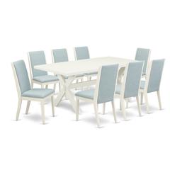 East West Furniture X027LA015-9 9Pc Modern Dining Table Set Consists of a Dinette Table and 8 Parsons Chairs with Baby Blue Color Linen Fabric, Medium Size Table with Full Back Chairs, Wirebrushed Lin