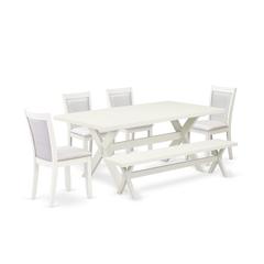 X027MZ001-6 6-Piece Dining Set Includes a Dining Table - 4 Cream Dining Chairs and a Wood Bench - Wire Brushed Linen White Finish
