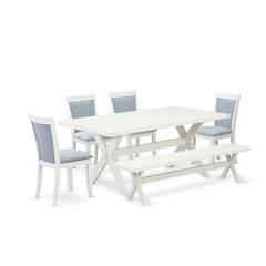 X027MZ015-6 6-Piece Table Set Includes a Dining Table - 4 Baby Blue Parson Chairs and a Bench - Wire Brushed Linen White Finish