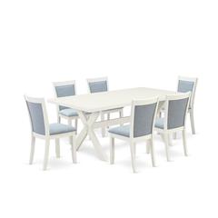 X027MZ015-7 7-Pc Dining Set Includes a Wooden Dining Table and 6 Baby Blue Dining Room Chairs - Wire Brushed Linen White Finish