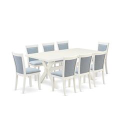 X027MZ015-9 9-Pc Modern Dining Table Set Includes a Dining Table and 8 Baby Blue Dining Chairs - Wire Brushed Linen White Finish