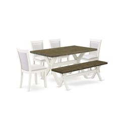 X076MZ001-6 6-Pc Table Set Consists of a Dining Table - 4 Cream Parson Chairs and a Wood Bench - Wire Brushed Linen White Finish