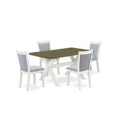X076MZ015-5 5-Piece Dining Table Set Consists of a Wood Table and 4 Baby Blue Parson Chairs - Wire Brushed Linen White Finish