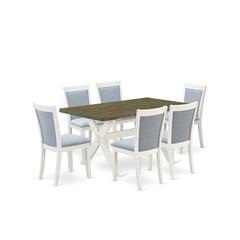 X076MZ015-7 7-Piece Kitchen Table Set Consists of a Dinner Table and 6 Baby Blue Parsons Chairs - Wire Brushed Linen White Finish