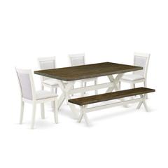 East West Furniture 6-Pc Kitchen Table Set Contains a Dining Table - 4 Cream Linen Fabric Dining Chairs with Stylish Back and a Small Bench - Wire Brushed Linen White Finish