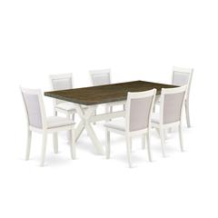 East West Furniture 7-Pc Dining Room Set Contains a Kitchen Table and 6 Cream Linen Fabric Parson Chairs with Stylish Back - Wire Brushed Linen White Finish