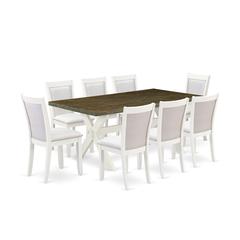 East West Furniture 9-Pc Modern Dining Set Contains a Dining Room Table and 8 Cream Linen Fabric Dinner Chairs with Stylish Back - Wire Brushed Linen White Finish