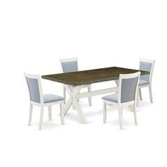 East West Furniture 5-Pc Dining Set Contains a Dining Table and 4 Baby Blue Linen Fabric Parson Chairs with Stylish Back - Wire Brushed Linen White Finish