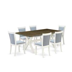 East West Furniture 7-Pc Modern Dining Table Set Contains a Mid Century Dining Table and 6 Baby Blue Linen Fabric Parson Chairs with Stylish Back - Wire Brushed Linen White Finish