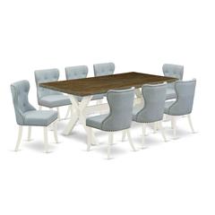 East West Furniture X077SI215-9 9-Pc Modern Dining Table Set- 8 Parson Dining Chairs with Baby Blue Linen Fabric Seat and Button Tufted Chair Back - Rectangular Table Top & Wooden Cross Legs - Distres