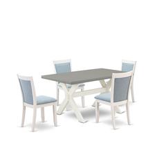 East West Furniture 5-Piece Kitchen Table Set Includes a Wooden Table and 4 Baby Blue Linen Fabric Dining Room Chairs with Stylish Back - Wire Brushed Linen White Finish