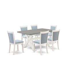 East West Furniture 7-Piece Dining Room Set Includes a Wooden Table and 6 Baby Blue Linen Fabric Upholstered Dining Chairs with Stylish Back - Wire Brushed Linen White Finish