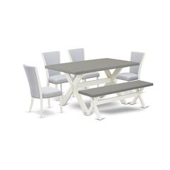 East West Furniture X096VE005-6 6 Piece Dining Table Set - 4 Grey Linen Fabric Dining Room Chair with Nailheads and Cement Kitchen Table - 1 Small Bench - Wire Brushed Linen White Finish