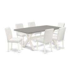 East West Furniture X097AB264-7 7-Piece Modern Rectangular Table Set an Excellent Cement Color Kitchen Table Top and 6 Awesome Pu Leather Parson Chairs with Stylish Chair Back, Linen White Finish