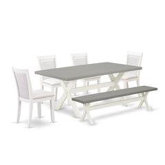 East West Furniture 6-Pc Dining Room Set Consists of a Dinning Table - 4 Cream Linen Fabric Dining Chairs with Stylish Back and a Small Bench - Wire Brushed Linen White Finish