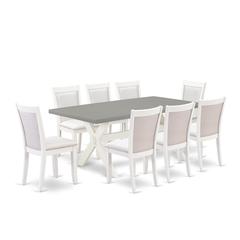 East West Furniture 9-Pc Dinner Table Set Consists of a Dining Room Table and 8 Cream Linen Fabric Dining Room Chairs with Stylish Back - Wire Brushed Linen White Finish