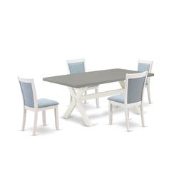 East West Furniture 5-Pc Modern Dining Table Set Consists of a Wooden Kitchen Table and 4 Baby Blue Linen Fabric Parson Dining Chairs with Stylish Back - Wire Brushed Linen White Finish