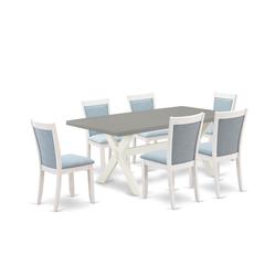 East West Furniture 7-Pc Table Set Consists of a Mid Century Table and 6 Baby Blue Linen Fabric Upholstered Chairs with Stylish Back - Wire Brushed Linen White Finish