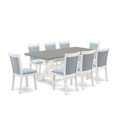 East West Furniture 9-Pc Kitchen Dining Table Set Consists of a Rectangular Dining Table and 8 Baby Blue Linen Fabric Dining Chairs with Stylish Back - Wire Brushed Linen White Finish
